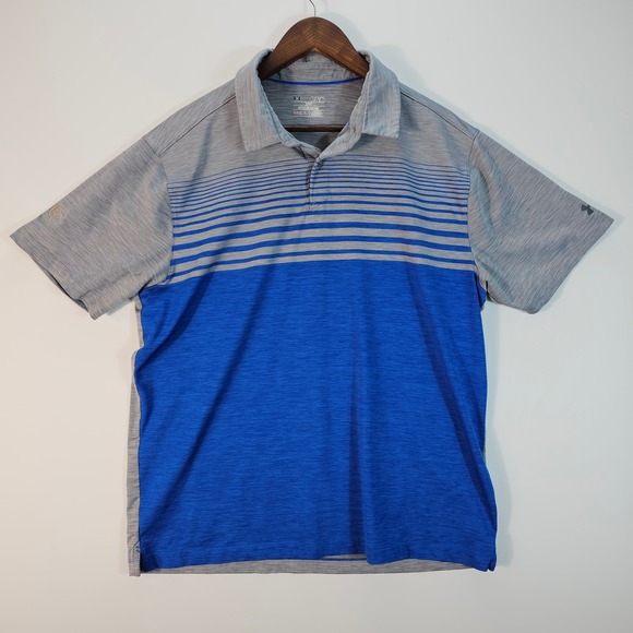 Under Armour Other - Under Armour Men HeatGear Polo Shirt XL Blue Grey Striped Golf Loose Fit CC 1972